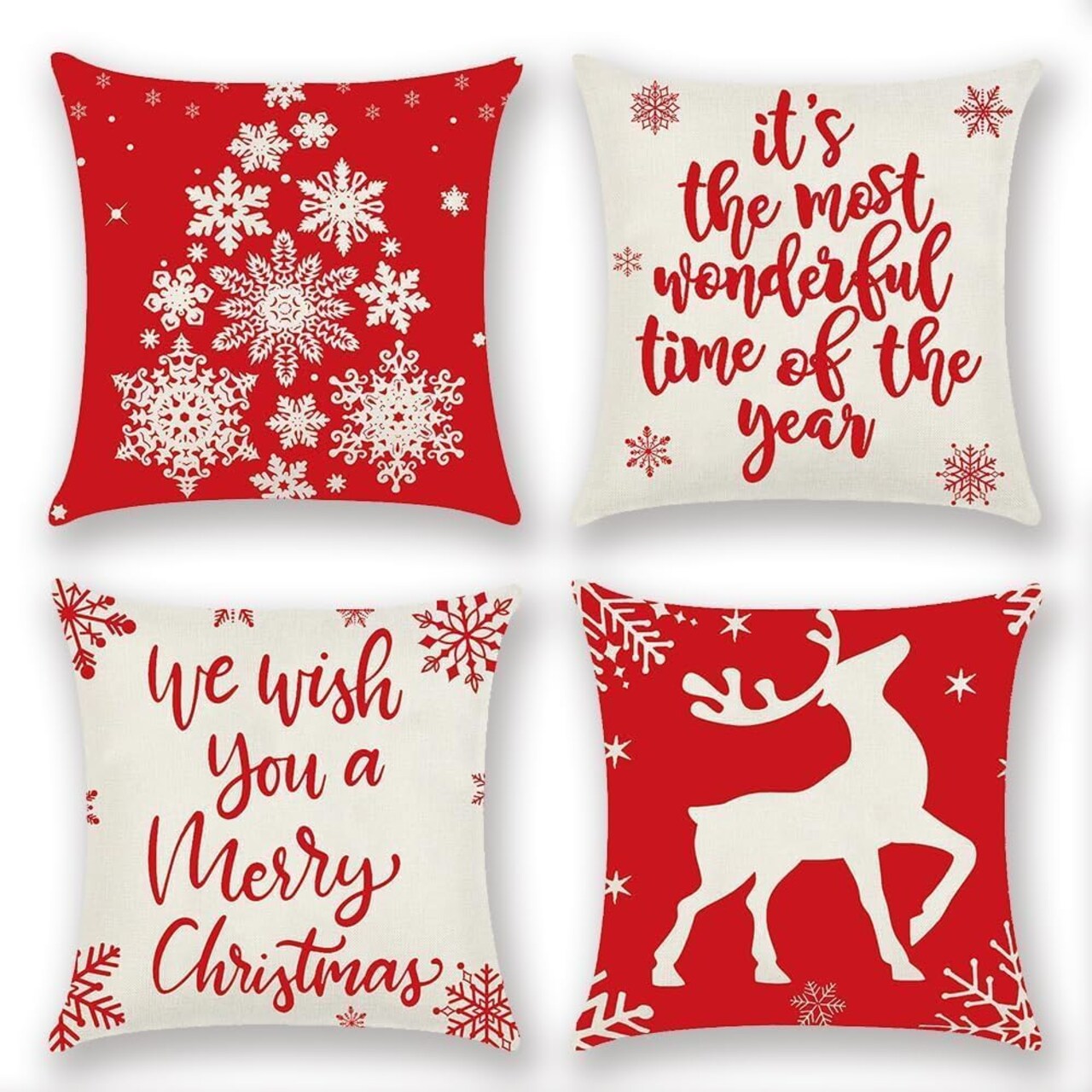 Christmas Throw Pillow Covers 18x18, Christmas Pillows Cover for Patio Couch, Reindeer Snowflake Merry Christmas Holiday Xmas Winter Pillow Case for Christmas Decoration, 4 Pack